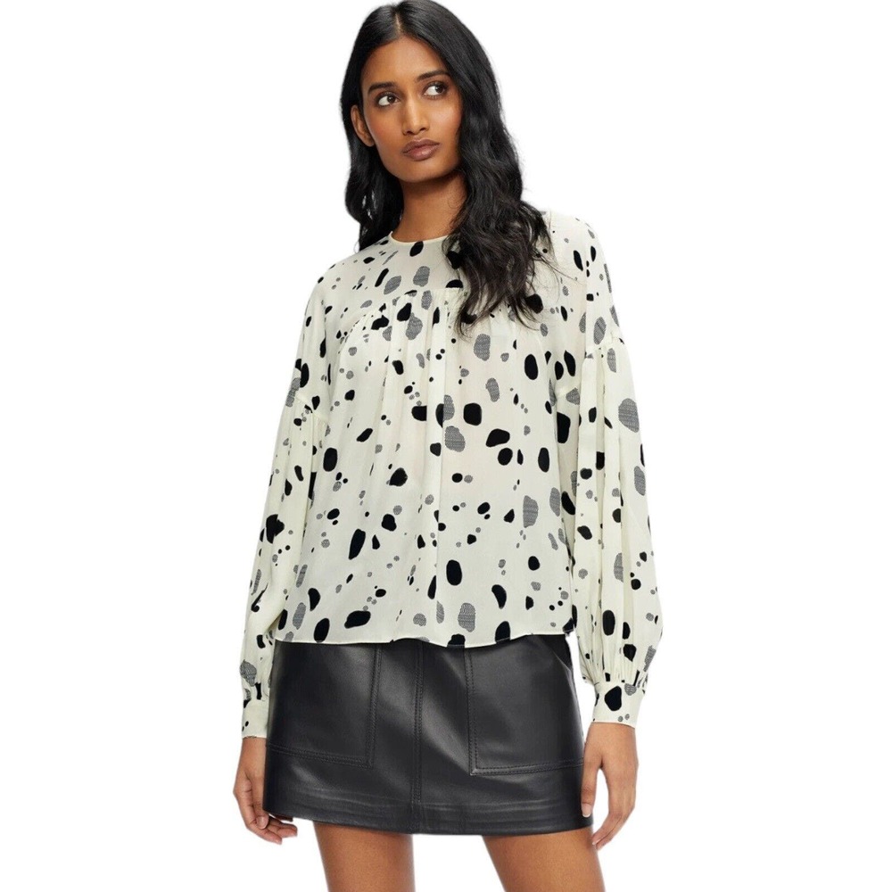 Ted Baker Women Size 3 M-L White spotted Dannica Yoke Long Babydoll Blouse